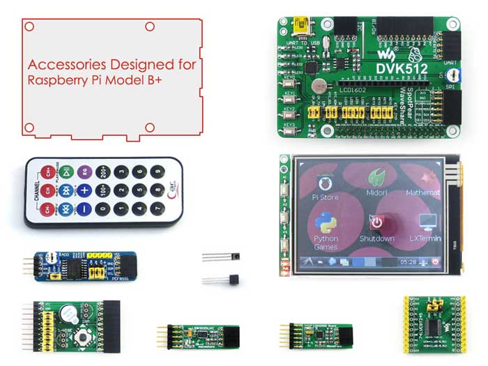 В комплекте RPi B+ Acce A богатый набор различных плат: DVK512 и др.