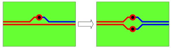 Проводники дифференциальной линии должны располагаться на одном слое и иметь равное число переходов