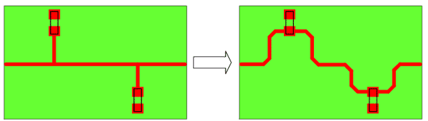 Вместо отводов большой длины стоит использовать одну дорожку, которая будет последовательно соединять компоненты