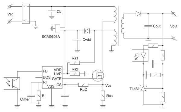Типовая схема включения ШИМ-контроллера SCM1710A