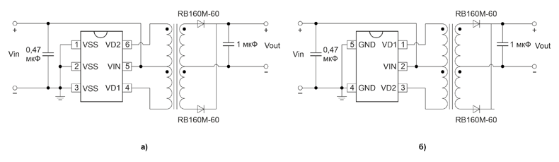Типовая схема включения SCM1201A (а) и SCM1212A (б)