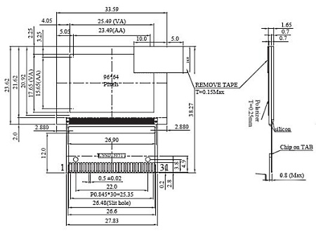 Размеры OLED-индикатора WEX009664A