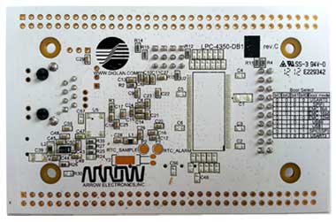 LPC4357-DB1 –компактная  отладочная плата на базе высокопроизводительного Cortex-M4 микроконтроллера LPC4357FET256 с Cortex-M0 сопроцессором. Вид снизу