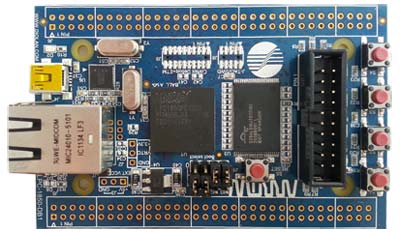 LPC1850-DB1 – оценочная плата на базе высокопроизводительного Cortex-M3 микроконтроллера LPC1850FET256 от NXP. Вид сверху.