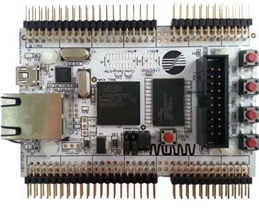 LPC4357-DB1-A – отладочная плата на базе цифрового сигнального Cortex-M4 микроконтроллера LPC4357FET256 с Cortex-M0 сопроцессором. Вид сверху.