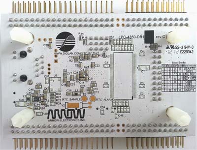 LPC4357-DB1-A – отладочная плата на базе цифрового сигнального Cortex-M4 микроконтроллера LPC4357FET256 с Cortex-M0 сопроцессором. Вид снизу.