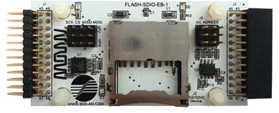 Плата расширения FLASH-SDIO-EB-1 с установленной Flash и EEPROM памятью, вид сверху.