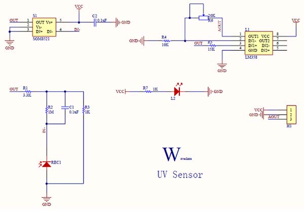 Схема принципиальная  электрическая оценочной платы датчика UV Sensor