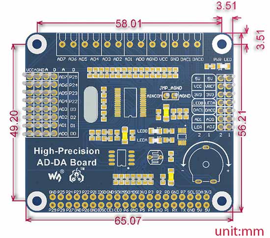Размеры платы прецизионного АЦП/ЦАП для RaspberryPi (High-Precision AD/DA Board)