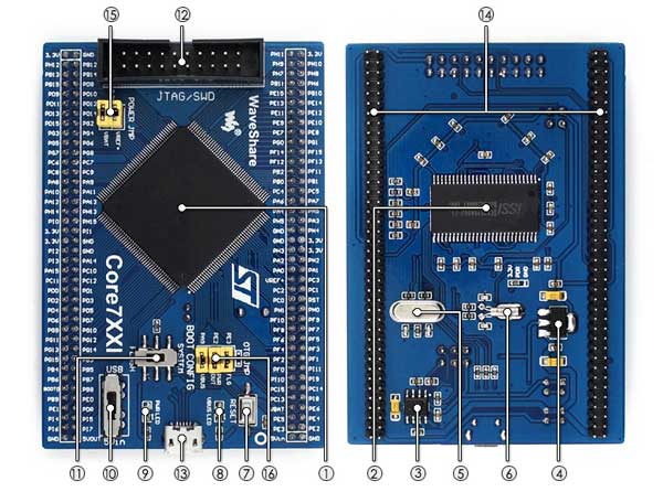 Плата микроконтроллера Core746I из комплекта Open746I-C Package A. Вид сверху (слева) и снизу (справа)