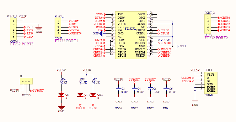Схема принципиальная электрическая платы FT232 USB UART Board [type A]