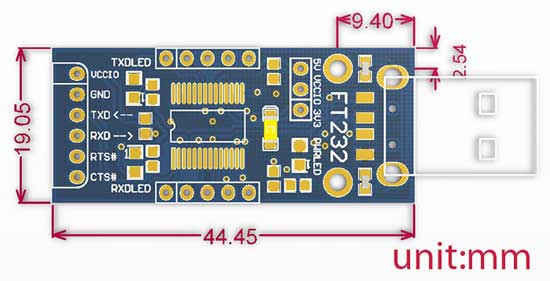Размеры платы FT232 USB UART Board [type A]