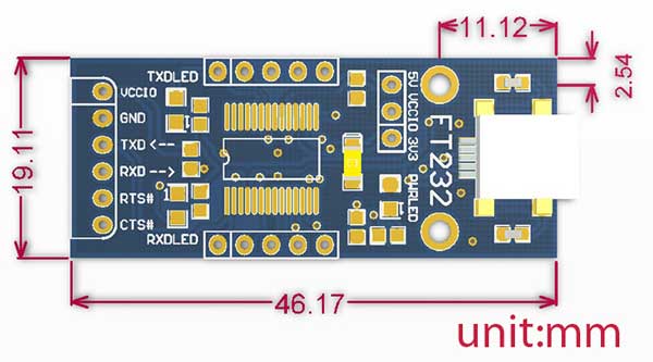 Размеры платы FT232 USB UART Board [mini]