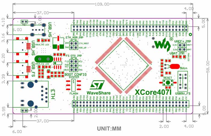 Размеры модуля XCore407I