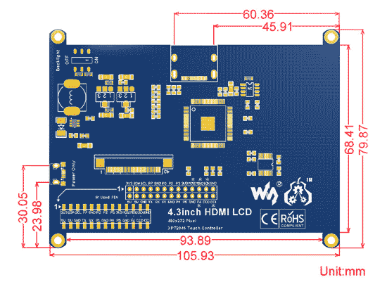  Размеры платы дисплея 4.3INCH HDMI LCD