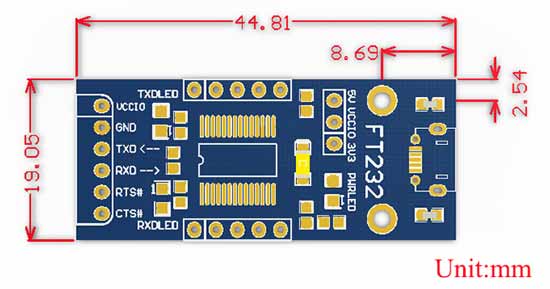 Размеры платы FT232 USB UART Board [micro]