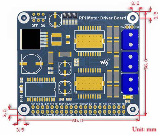 Размеры платы RPi Motor Driver Board