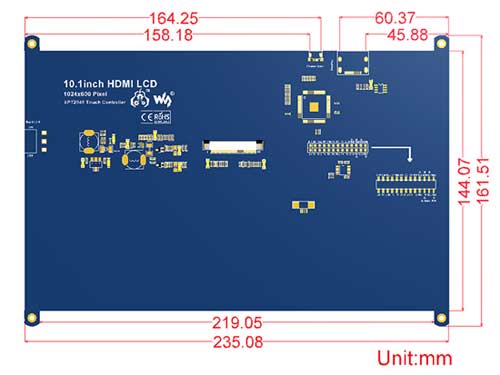 Размеры дисплея 10.1inch HDMI LCD