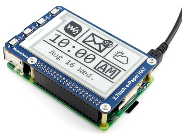 Дисплей 2.7inch e-Paper HAT, подключенный к Raspberry Pi
