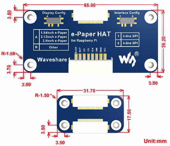 Размеры изделия e-Paper Driver HAT